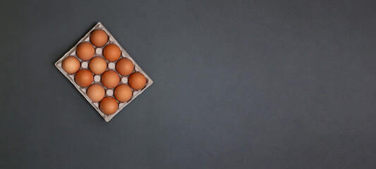 Horizontal banner with eggs in egg carton on gray background with copy space. Zero waste banner for livestock products. Eco-friendly egg advertising card. Top view.