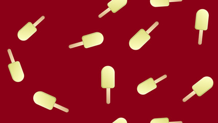 ice cream sweet, milk, popsicle white on a stick on a red background, illustration, pattern. a delicious dessert for children and adults. wallpaper for cafe and restaurant, kitchen decoration