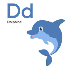 Dd- Dolphine Cute Animal Alphabet Series A-Z. Vector ABC. Letter D. Dolphine. Cartoon animals alphabet for kids. Isolated vector icons illustration. Education, baby showerchildren prints, decor, cards
