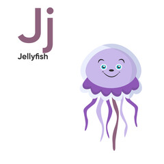 Cute Animal Alphabet Series A-Z. Vector ABC. Letter Jj. Jellyfish. Cartoon animals alphabet for kids. Isolated vector icons illustration. Education, baby showerchildren prints, decor, cards, books