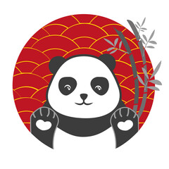 Panda vector. Cute happy panda face illustration. Red and gold chinese style background.