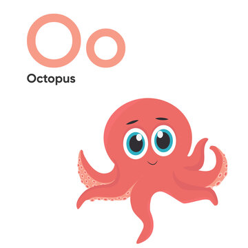 Cute Animal Alphabet Series A-Z. Vector ABC. Letter Oo. Octopus. Cartoon animals alphabet for kids. Isolated vector icons illustration. Education, baby showerchildren prints, decor, cards, books