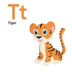 Cute Animal Alphabet Series A-Z. Vector ABC. Letter Tt. Tiger. Cartoon animals alphabet for kids. Isolated vector icons illustration. Education, baby showerchildren prints, decor, cards, books