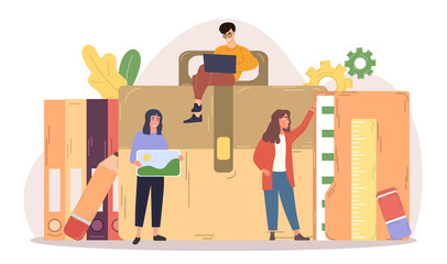 Male and female characters are showing their portfolio. Fancy students are showing their latest projects for customers. Concept of successful teamwork. Flat cartoon vector illustration