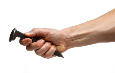 railway crutch in hand on a white background isolate