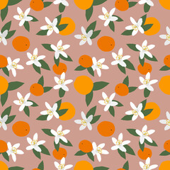 Modern seamless pattern of orange citrus flowers and fruits. Exotic design for printing on fabrics, textiles, bedding, interior decor. 