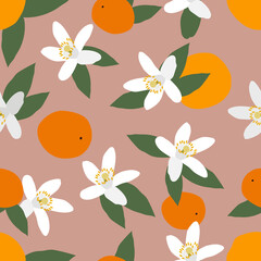 Modern seamless pattern of orange citrus flowers and fruits. Exotic design for printing on fabrics, textiles, bedding, interior decor. 