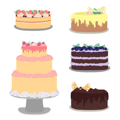 Flat cream cakes. Illustration of birthday cake, decorative cheesecake. Holiday tasty food from bakery, event delicious pie vector icons
