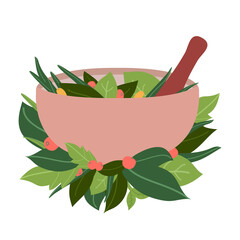 Green leaves in bowl. Naturopathy, traditional oriental medicine. Herbs in plate, preparation of herbal tea for treatment and prevention of flu and cold vector illustration