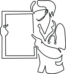 One line drawing of nurse in protective face mask.
One continuous line drawing of empty magnetic board and doctor.