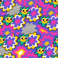 Seamless floral pattern in hippie retro style. Can be used for printing on fabric and paper and other surfaces. Seamless background pattern. 