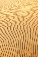 Close-up texture of the rippled surface of the sand and dunes, top view. Desert background