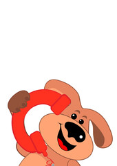 The dog speaks on a red rare phone. Communication, news, communication