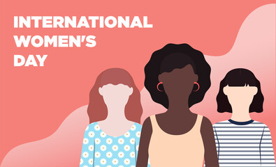 International women's day Vector poster template with copy space Three women in different ethnicity on two-tone wavy background