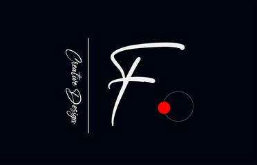F letter alphabet logo for business. Elegant creative font for corporate identity and lettering in white and black. Company branding icon with red dot and handwritten design