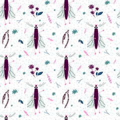 seamless pattern with flies and flora