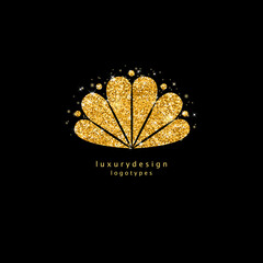 Gold shine seashell sign. Golden element, decoration shell isolated on black background. Creative glitter sea or ocean symbol. Vector icon for intitation, wedding cards, banners