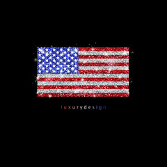 Shine american flag. Glitter USA patriotic symbol isolated on black background. Red white stripes and stars on blue, united states vector icon