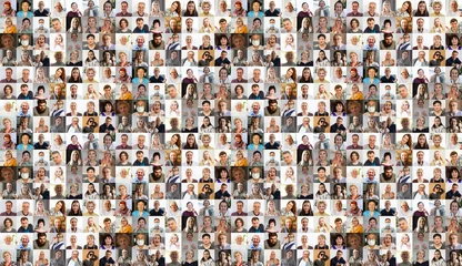 Foto op Plexiglas Hundreds of multiracial people crowd portraits headshots collection, collage mosaic. Many lot of multicultural different male and female smiling faces looking at camera. Diversity and society concept © Angelov