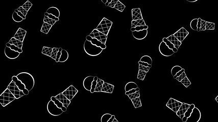 ice cream on a black background, pattern, illustration. appetizing, sweet, milky dessert. a lot of ice creams in waffle glasses. black and white drawing in pencil sketch style