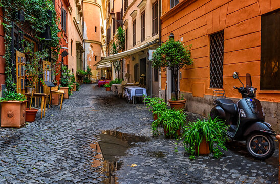 Fototapeta View of old narrow street in Rome, Italy. Architecture and landmark of Rome. Cozy cityscape of Rome.