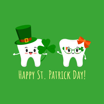 St Patrick day tooth in leprechaun hat with clover and in glasses. Dental teeth irish character with lucky shamrock on dentist greeting card. Flat design cartoon vector Happy paddy's day illustration.
