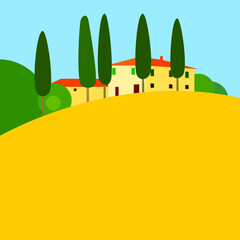 Italian Tuscany vector landscape with yellow field, green cypress trees and white red roof houses