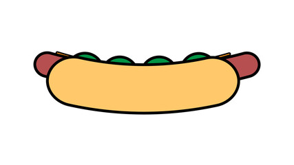 hot dog on white background, illustration. bun with sausage, ketchup, mustard, hearty filling, unhealthy snack. food truck sandwich. food for lunch, hearty high-calorie lunch