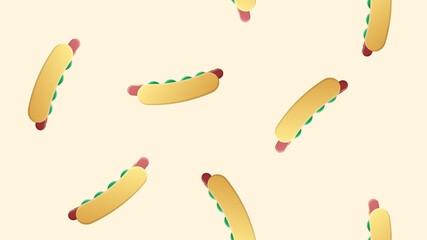 hot dog on a pink background, illustration, pattern. sausage sandwich, stuffed, appetizing bun. decor of kitchen, cafe, restaurant. decoration, wallpaper for catering