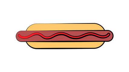 hot dog on white background, illustration. bun with sausage, ketchup, mustard. hearty filling, a harmful dish. fast food snack. high-calorie lunch