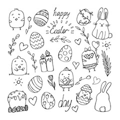 Easter traditional symbols collection - eggs, bunny, willow twigs, basket, candles, Christian church, egg decorating. Vector drawings set isolated on white background.