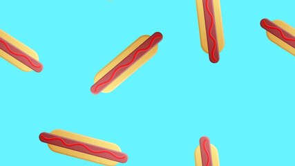 hotdog us blue background, illustration, pattern. bun with sausage, ketchup. favorite snack. wallpaper for restaurant, cafe, kitchen decor. cooking area decoration