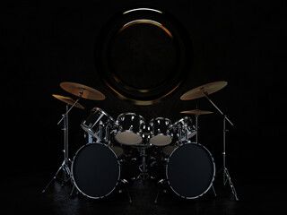 The drum kit is in a dark room, with a bronze decoration hanging on the wall behind the drum kit. 3D rendering. 3D Render.