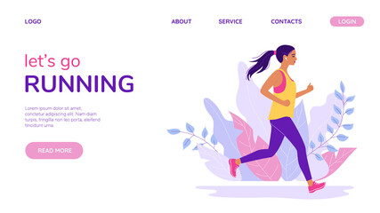 Young woman jogging. Landing page concept, template. Active healthy lifestyle, running, city competition, marathons, cardio workout, exercise. Vector illustrations for flyer, leaflet, add banner