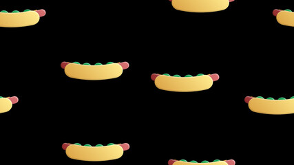 hot dog on a black background, illustration, pattern. sausage sandwich, stuffed, appetizing bun. decor of kitchen, cafe, restaurant. decoration, wallpaper for catering