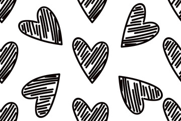 Vector abstract seamless hearts pattern. White background with black monochrome doodled hearts. Trendy print design for textile, wrapping paper, wedding backdrops, romantic love concepts etc.