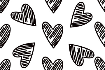 Vector abstract seamless hearts pattern. White background with black monochrome doodled hearts. Trendy print design for textile, wrapping paper, wedding backdrops, romantic love concepts etc.