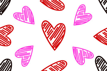 Vector abstract seamless hearts pattern. White background with black, red and pink or fuchsia doodled hearts. Trendy print for textile, wrapping paper, wedding backdrops, romantic love concepts etc.