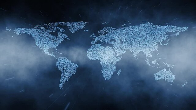 Conceptual computer network cyberspace with world map motion on foggy light effect animation background. 