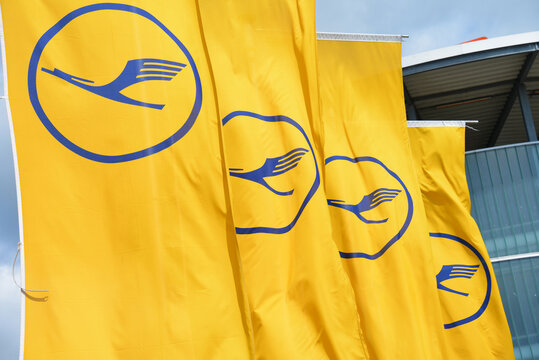 Hanover, Lower Saxony, Germany - May 5, 2019: Flags with the logo of Lufthansa in Hanover, Germany - Lufthansa is the largest German airline
