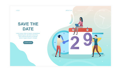 Male and female characters are working next to calendar. Concept of productivity at work. Men and woman are saving the date. Website, web page, landing page template. Flat cartoon vector illustration