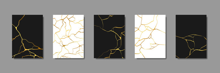 Collection of gold kintsugi cover design templates. Golden crackle texture background. Luxury broken marble stone pattern for wedding invitation, card, flyer or social media