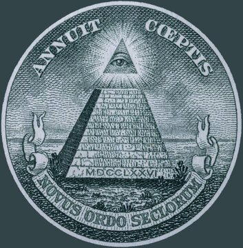 Great Seal of the United States reverse from the back of a one dollar bill. A pyramid unfinished under the Eye of Providence with Latin mottos Annuit coeptis and Novus ordo seclorum.