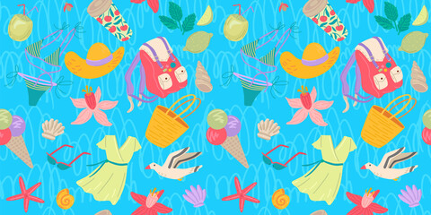 Summer things for vacation. Seamless pattern. Backpack, cocktail, bag, flowers, dress are different things. Vector bright cute drawing in carton flat style