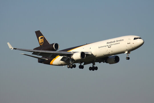 COLOGNE, GERMANY - OCTOBER 16, 2011: UPS McDonnell Douglas MD-11F with registration N259UP on final for runway 14L of Cologne Bonn Airport.