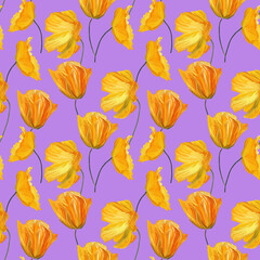 Hand-drawn gouache floral seamless pattern with the yellow poppy flowers on purple  background, Natural repeated print for textile, wallpaper.