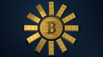 Bitcoin in the center of the gold bars. 3d render.