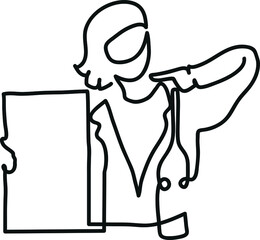 One line drawing of nurse in protective face mask.
One continuous line drawing of empty magnetic board and doctor.
