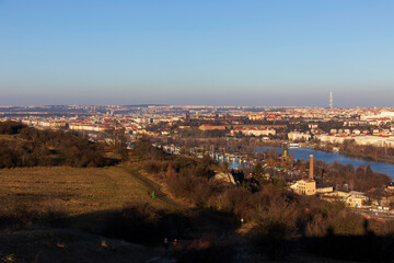 Winter Prague City from the Hill Devin in the sunny Day, Czech Republic