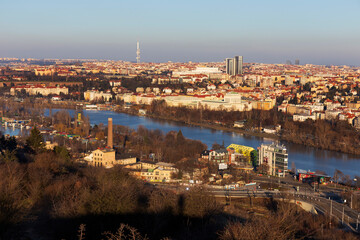 Winter Prague City from the Hill Devin in the sunny Day, Czech Republic